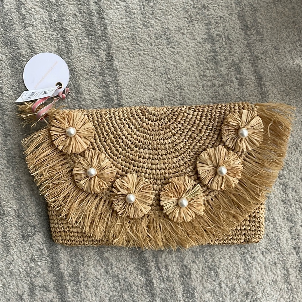 NWT rafia clutch with pearls